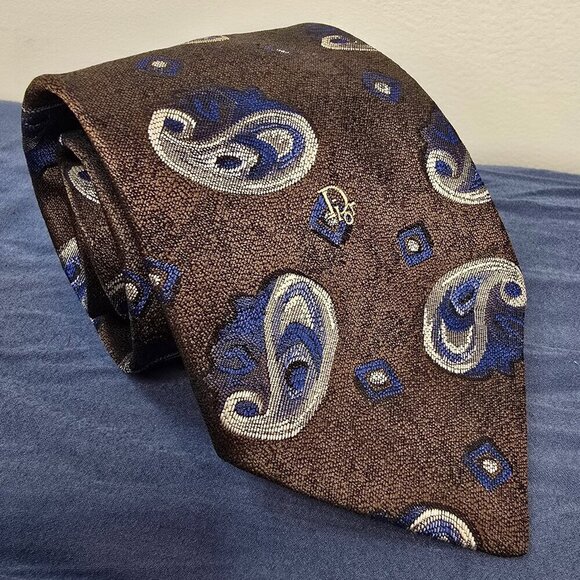 Dior Other - Vintage Christian Dior Monsieur Tie - Brown, Navy, and Silver Paisley Peacock